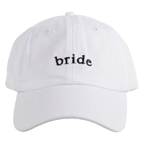 Stylish white cap with 'bride' embroidered in black, perfect for hen parties and bachelorette celebrations.