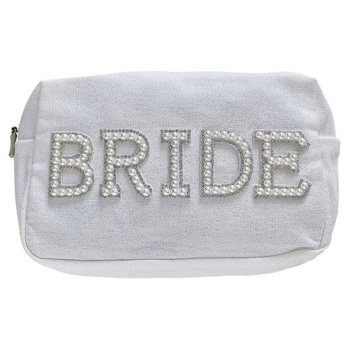 Elegant white cosmetic bag with pearl embellishments, perfect for brides to keep beauty essentials organized at hen parties.