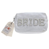 Elegant white cosmetic bag for brides, featuring pearl embellishments and silver zipper, perfect for hen parties.