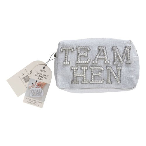 Pearl-embellished white cosmetic bag with 'Team Hen' design, perfect for hen parties and bridal celebrations.