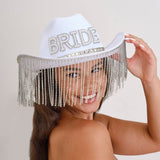 Stunning white cowboy hat for hen parties, adorned with sparkling diamante tassels for the bride-to-be.