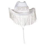 White cowboy hat for brides, adorned with sparkling diamante tassels, perfect for hen parties and memorable celebrations.