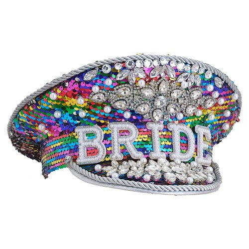 Multi-coloured embellished bride hat for hen parties, adding style and fun to the bride-to-be's celebration.