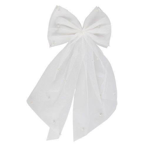 White tulle Hen Party Pearl Bow adorned with pearls, measuring 46cm, perfect for bridal celebrations and stylish selfies.