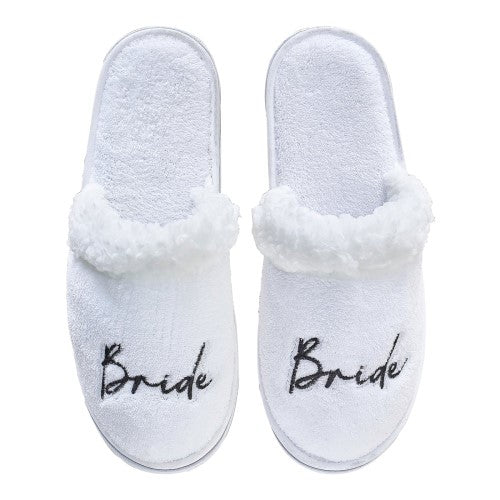 White fluffy Bride slippers with black embroidery, perfect for hen parties and pre-wedding celebrations.