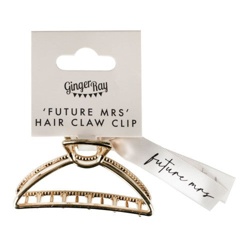 Gold 'Future Mrs' hair claw clip with ivory ribbon, perfect for Hen Party celebrations and stylish bridal accessories.