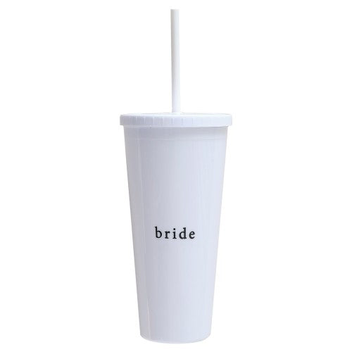 Elegant white hen party bride straw cup with "bride" printed, holds 700ml, perfect for toasting and celebrations.