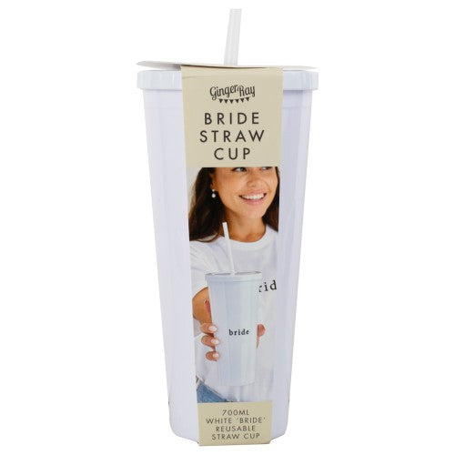 Elegant white cup with 'bride' label, 700ml capacity, complete with 24cm straw, perfect for hen party celebrations.