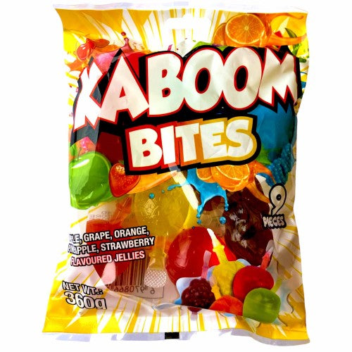Colorful Kaboom Bites Fruit Jellies, 300g pack with 30 chewy, fruity pieces perfect for snacking and sharing.