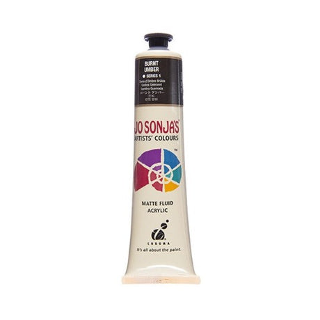 75ml tube of Jo Sonja's Burnt Umber acrylic paint, featuring a rich color, matte finish, and water-resistant properties for artists.