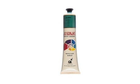 A bottle of Jo Sonja's 75ml Celadon Acrylic Paint, showcasing its vibrant hue and premium velvet matte finish for artists.