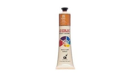 Acrylic paint tube of Jo Sonja's 75ml Gold Oxide, featuring a rich golden hue and a luxurious velvet matte finish.