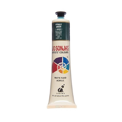 Vibrant 75ml Pthalo Green acrylic paint by Jo Sonja, ideal for versatile artistic applications with a velvet matte finish.