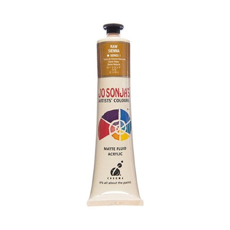 A bottle of Jo Sonja's 75ml Raw Sienna Acrylic Paint, featuring a rich, opaque color with a velvet matte finish.