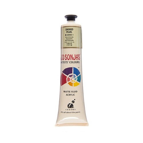 Acrylic paint tube showcasing Jo Sonja's 75ml Smoked Pearl, featuring a luxurious matte finish and exceptional water resistance.
