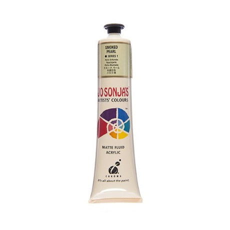 Acrylic paint tube showcasing Jo Sonja's 75ml Smoked Pearl, featuring a luxurious matte finish and exceptional water resistance.