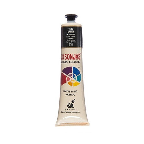 A bottle of Jo Sonja's 75ml Teal Green acrylic paint, showcasing its vibrant hue and premium quality for versatile art applications.