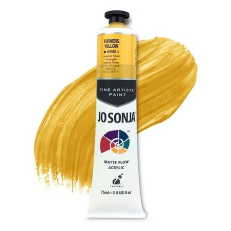 Jo Sonja's 75ml Turners Yellow Acrylic Paint offers a rich, water-resistant color with a velvet matte finish for versatile artistic applications.