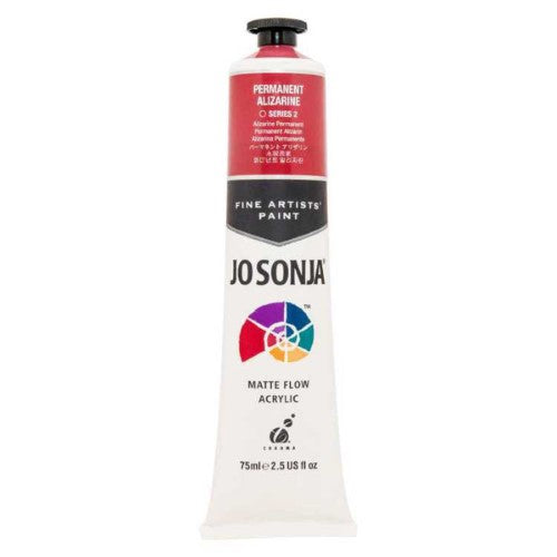 Vibrant 75ml Jo Sonja's Permanent Alizarine acrylic paint, offering rich colors, durability, and a velvet matte finish for artists.
