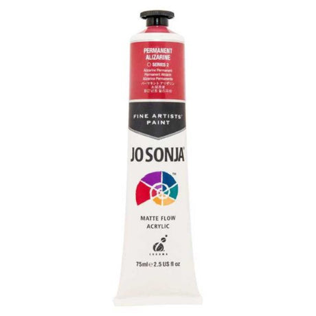 Vibrant 75ml Jo Sonja's Permanent Alizarine acrylic paint, offering rich colors, durability, and a velvet matte finish for artists.