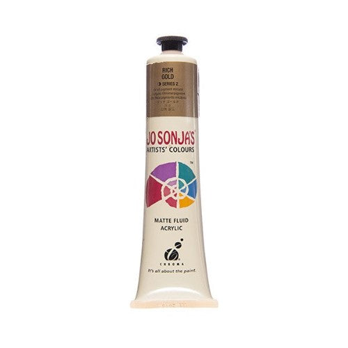 A 75ml tube of Jo Sonja's Rich Gold acrylic paint featuring a matte finish, vibrant color, and water-resistant durability for artists.