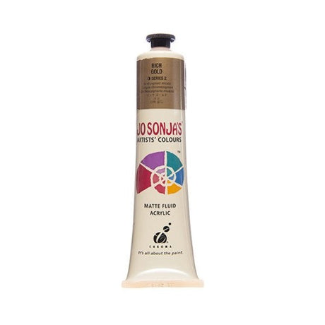 A 75ml tube of Jo Sonja's Rich Gold acrylic paint featuring a matte finish, vibrant color, and water-resistant durability for artists.
