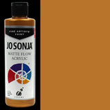 A bottle of Jo Sonja's 250ml Rich Gold acrylic paint, showcasing its vibrant color and luxurious matte finish for artists.