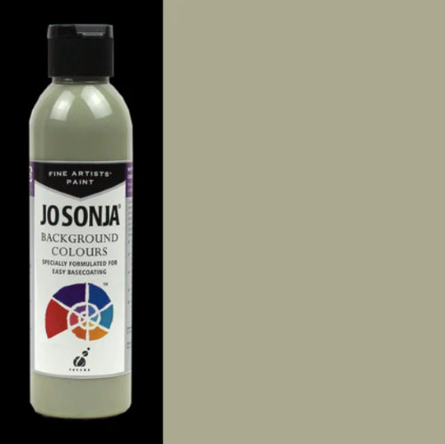 A bottle of Jo Sonja's Oakmoss acrylic paint, showcasing rich pigmentation for versatile use on various surfaces.