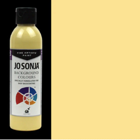 Bottle of Jo Sonja's Primrose Acrylic Paint for artists, featuring high pigmentation and smooth application on multiple surfaces.