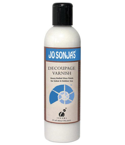 Jo Sonja's 250ml Decoupage Varnish, a glossy, thick coating for durable, professional-looking crafts and art projects.