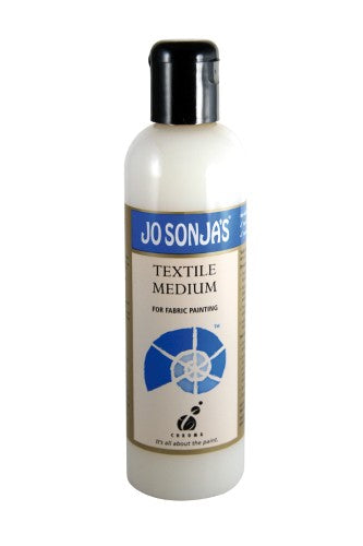 A 250ml bottle of Jo Sonja's Textile Medium, perfect for transforming acrylic paints into permanent fabric paints for creative projects.