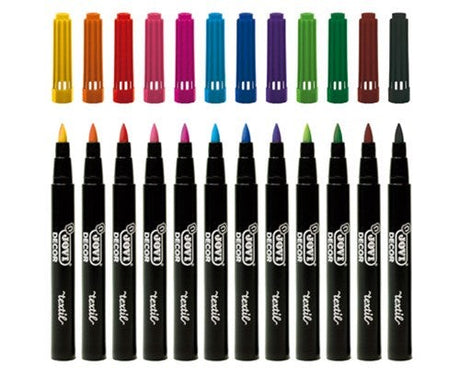 Vibrant Jovi Textile Pens in 12 colors with 4.8 mm brush tips, perfect for fabric crafting and wash-resistant up to 40°C.