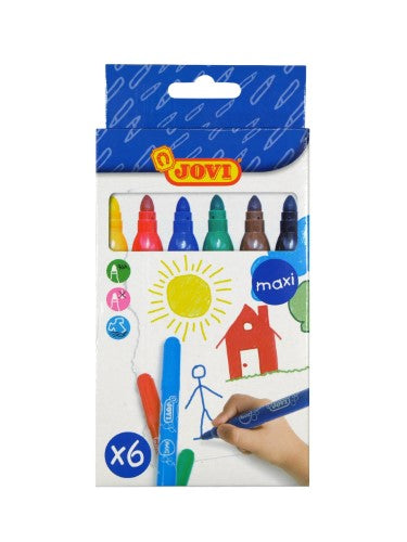 Set of 6 Jovi washable maxi felt-tip pens featuring vibrant colors, durable 3mm tips, and ventilated safety caps for kids.