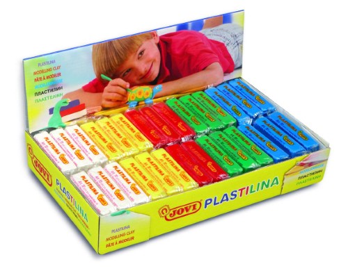 Vibrant Jovi Modelling Paste bars in assorted colors perfect for kids, described as non-toxic, malleable, and reusable clay.