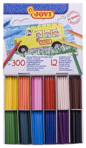 Jovi Plastic Crayon Economy Pack 300 features vibrant hexagonal crayons designed for kids, preventing rolling and ensuring safe use.