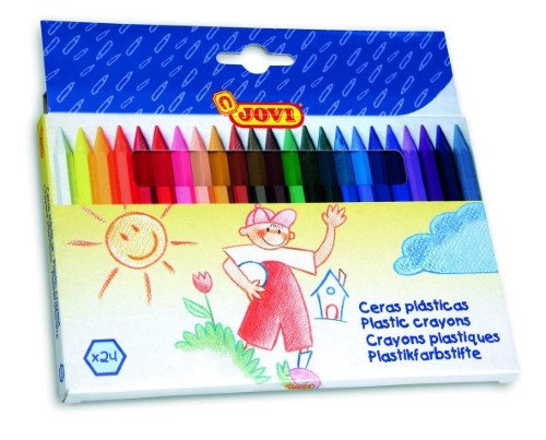 Vibrant Jovi Plastic Crayon set with 24 colors, hexagonal design for grip, non-toxic, ideal for young artists aged 4-5.