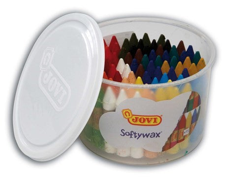 Vibrant Jovi Softy Wax Bucket 75 features 75 ergonomic round crayons for creative fun and psychomotricity development in kids.