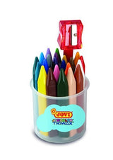 Triangular wax crayon jar with 24 vibrant colors, designed for kids to create art easily without breaking or staining.