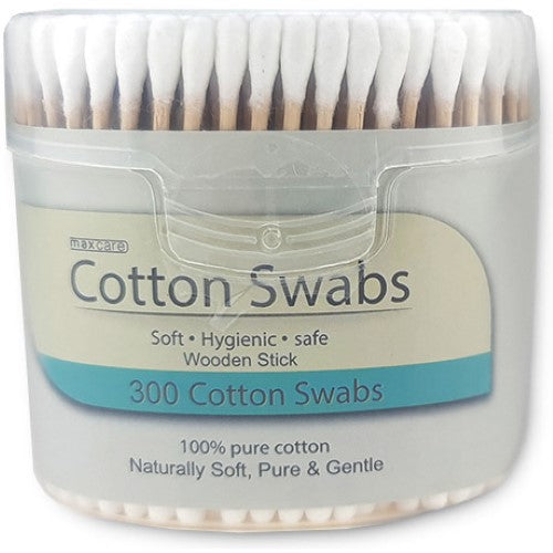 Eco-friendly cotton buds with wooden sticks, 300 pieces, perfect for personal hygiene, makeup, and crafts.