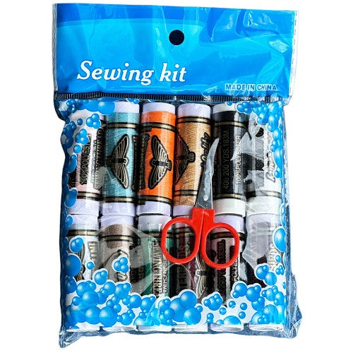 Colorful sewing thread kit with 12 spools, perfect for quilting, embroidery, and garment construction projects.