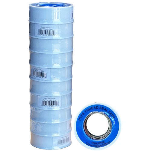High-quality Plumbing Tape White, 10m rolls, 10-pack for leak-free pipe connections in various applications.