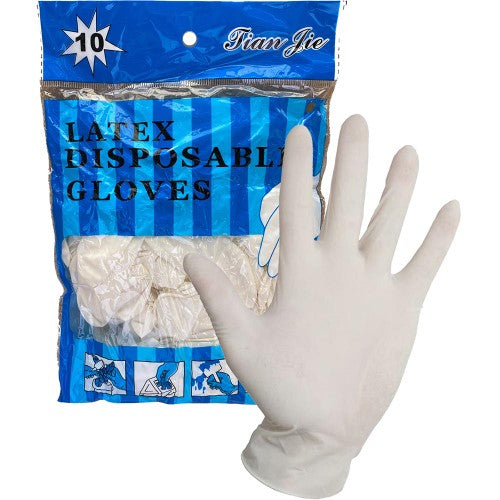 "Pack of 10 latex disposable gloves offering hygiene, protection, and comfort for medical, food, and cleaning tasks."