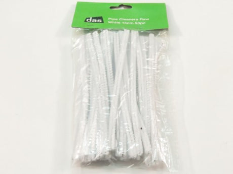 White pipe cleaners, 15cm long, 50-pack, ideal for versatile crafts, school projects, and imaginative creations.