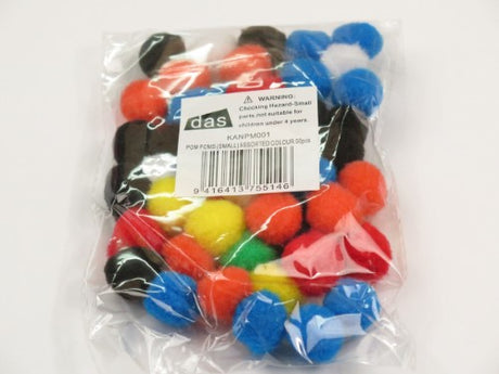 Assorted 50 small colorful pom poms for DIY crafts, perfect for scrapbooking and creative projects.