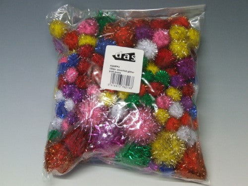Colorful glitter pom poms in assorted sizes, ideal for DIY crafts, scrapbooking, and enhancing projects.