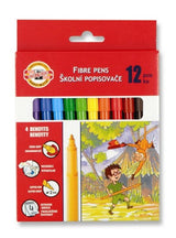 Colorful Koh-I-Noor Fibre Pens set with 12 washable inks, ergonomic grip, and safety features for creative expression.