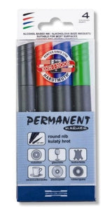 Koh-I-Noor Permanent Markers set of 4 in green, red, blue, and black with round tips for versatile, long-lasting use.