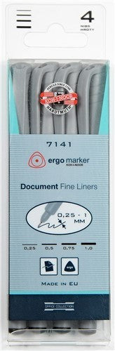 Koh I Noor Fineliners set of 4 with ergonomic grip, precision tips, and black light-fast ink for detailed creative projects.