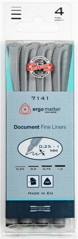 Koh I Noor Fineliners set of 4 with ergonomic grip, precision tips, and black light-fast ink for detailed creative projects.