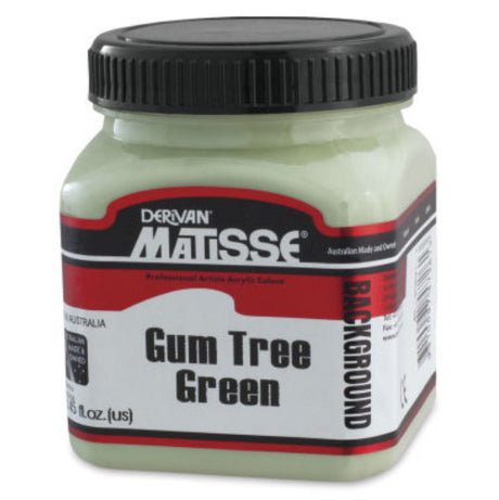 A 250ml jar of Matisse Background Acrylic Paint in Gum Tree Green, perfect for versatile and vibrant artistic applications.